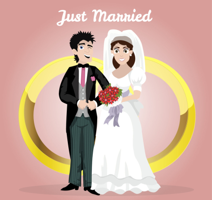 Gold rings and the bride and groom vector material