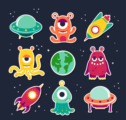9 vector cartoon aliens and UFO