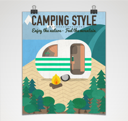 RVs camping cartoon poster vector material