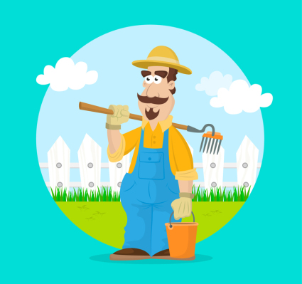 Cartoon farmer take rake design vector material