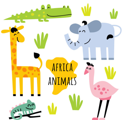 6 cute African animals vector material
