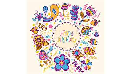 Birds and flowers cartoon birthday cards vector material