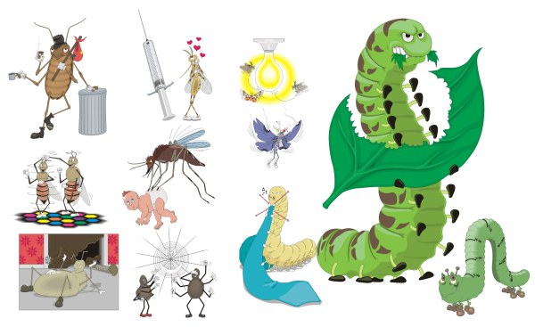 Mosquitoes, cockroaches, spiders, spider's web vector