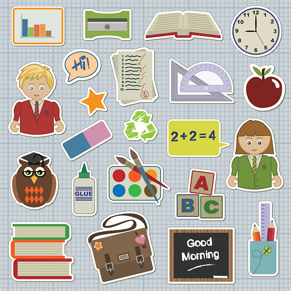 Students, books, rubber, glue, transcripts, stationery vector