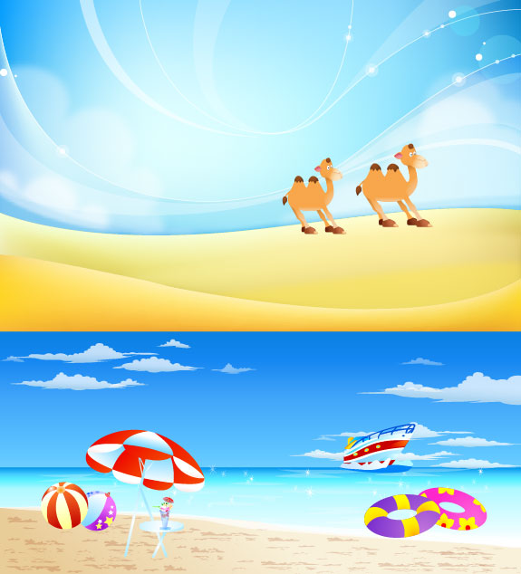 Desert, camels, sand, sun umbrella, buoy