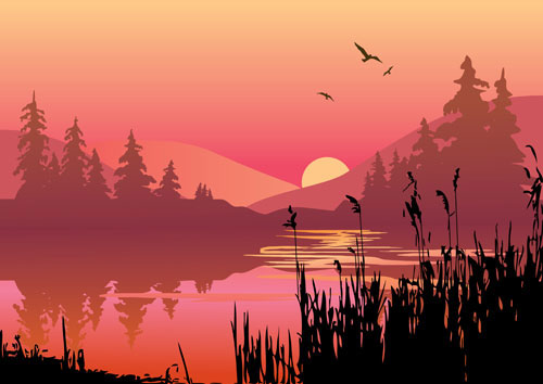 Lakes and mountains at dusk vector material