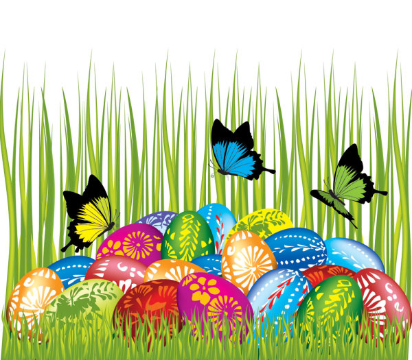 Easter card butterflies and decorated eggs 04 - vector