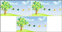 Lovely trees singing bird vector material