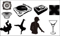 Playing disc players, vinyl discs, headphones, beverages, goblets vector