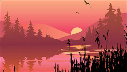 Lakes and mountains at dusk vector material