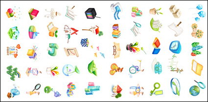 Balloons, blocks, gifts, pencils, chairs, clocks, keys, magic wand, lotus, seed icon